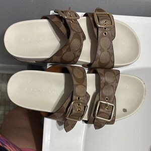 Coach Brown Signature Double-Buckle Slide Sandals